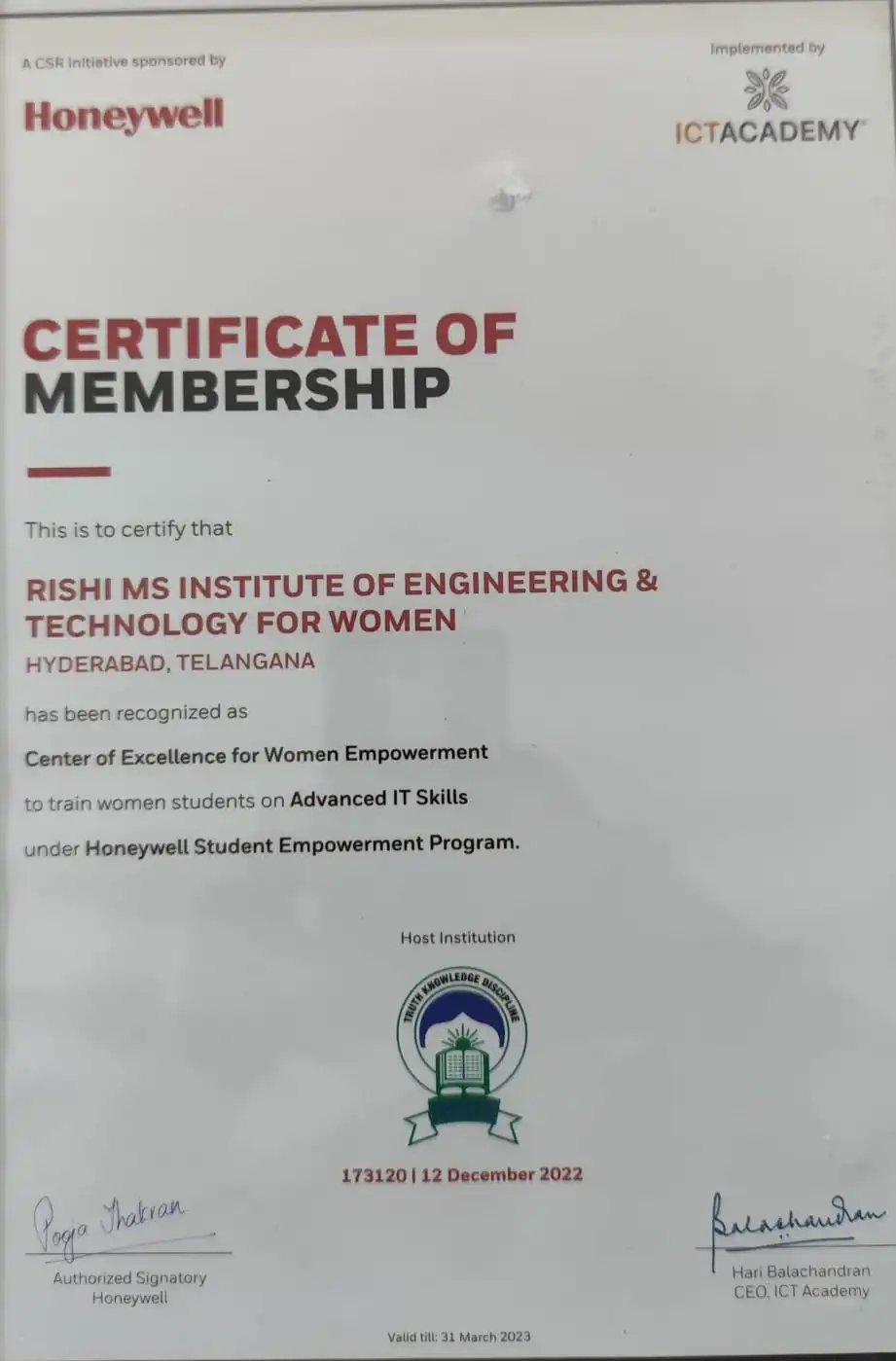 Honeywell - Certifcate of Membership